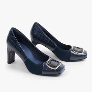 Benassal Orthopedic Bunion Relief Heels Navy Blue Faux Reptile 3" Heel Size 6